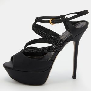Sergio Rossi Black Satin and Leather Crystal Embellished Platform Sandals Size 36.5, Sandals - Luxury Closet