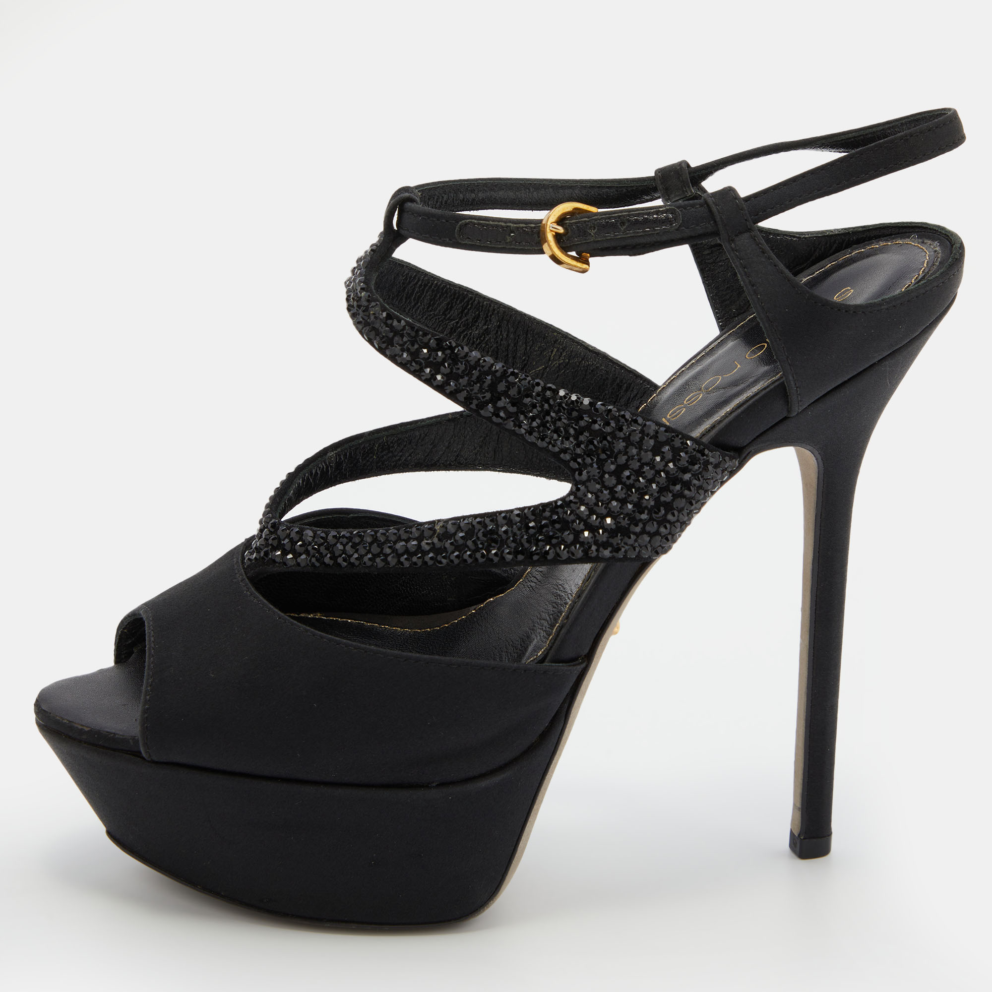 Sergio Rossi Black Satin and Leather Crystal Embellished Platform Sandals Size 36.5, Sandals - Luxury Closet