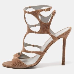 Sergio Rossi Brown Textured Suede Ankle Strap Sandals Size 39.5, Sandals - Luxury Closet