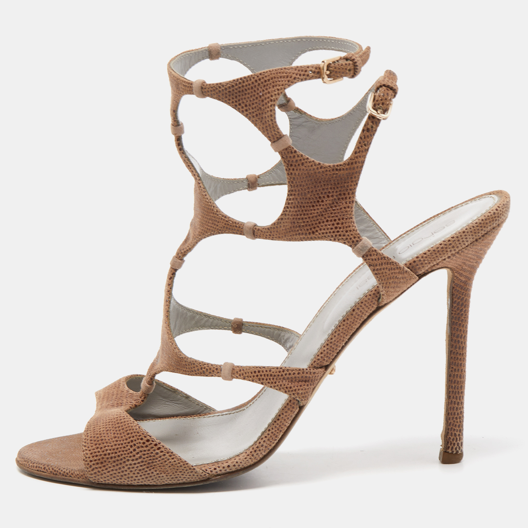 Sergio Rossi Brown Textured Suede Ankle Strap Sandals Size 39.5, Sandals - Luxury Closet