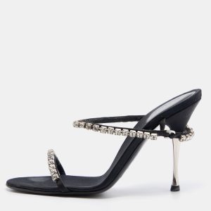 Sergio Rossi Black Satin Crystal Embellished Slide Sandals Size 36.5, Sandals - Luxury Closet