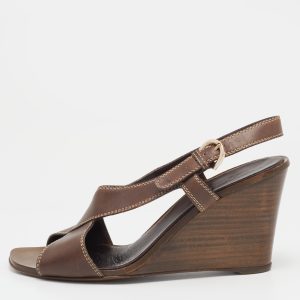 Sergio Rossi Brown Leather Slingback Wedge Sandals Size 38.5, Sandals - Luxury Closet