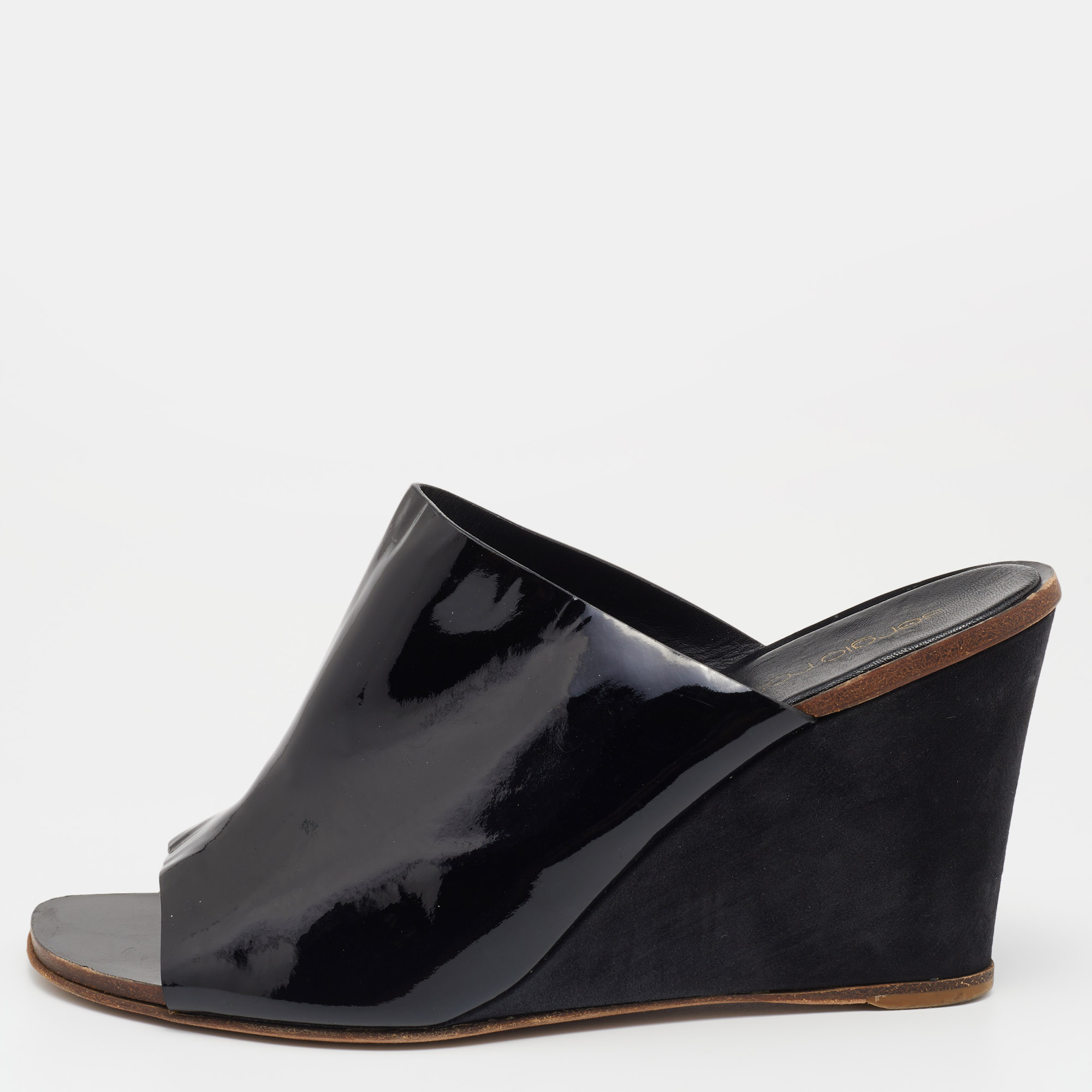 Sergio Rossi Black Patent Leather Wedge Sandals Size 37, Sandals - Luxury Closet