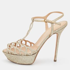 Sergio Rossi Gold Glitter Leather Laser Cut Out Platform Sandals Size 40, Sandals - Luxury Closet