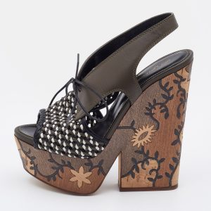 Sergio Rossi Multicolor Woven Leather Wedge Lace Up Sandals Size 38, Sandals - Luxury Closet