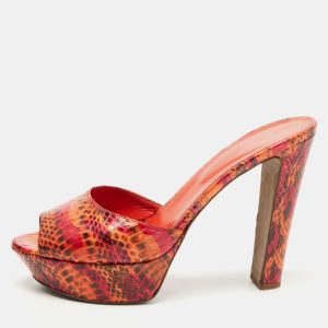 Sergio Rossi Orange/Pink Watersnake Leather Platform Slide Sandals Size 41, Sandals - Luxury Closet
