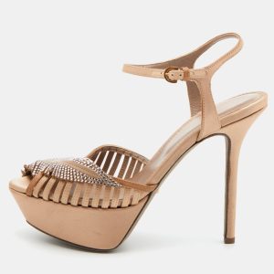 Sergio Rossi Light Brown Satin Crystal Embellished Ankle Strap Sandals Size 35.5, Sandals - Luxury Closet