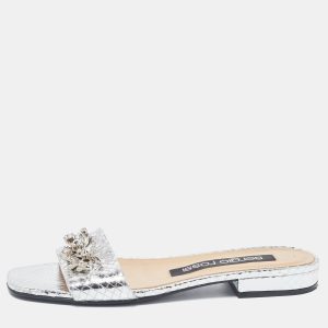 Sergio Rossi Silver Python Embossed Slides Size 38, Sandals - Luxury Closet