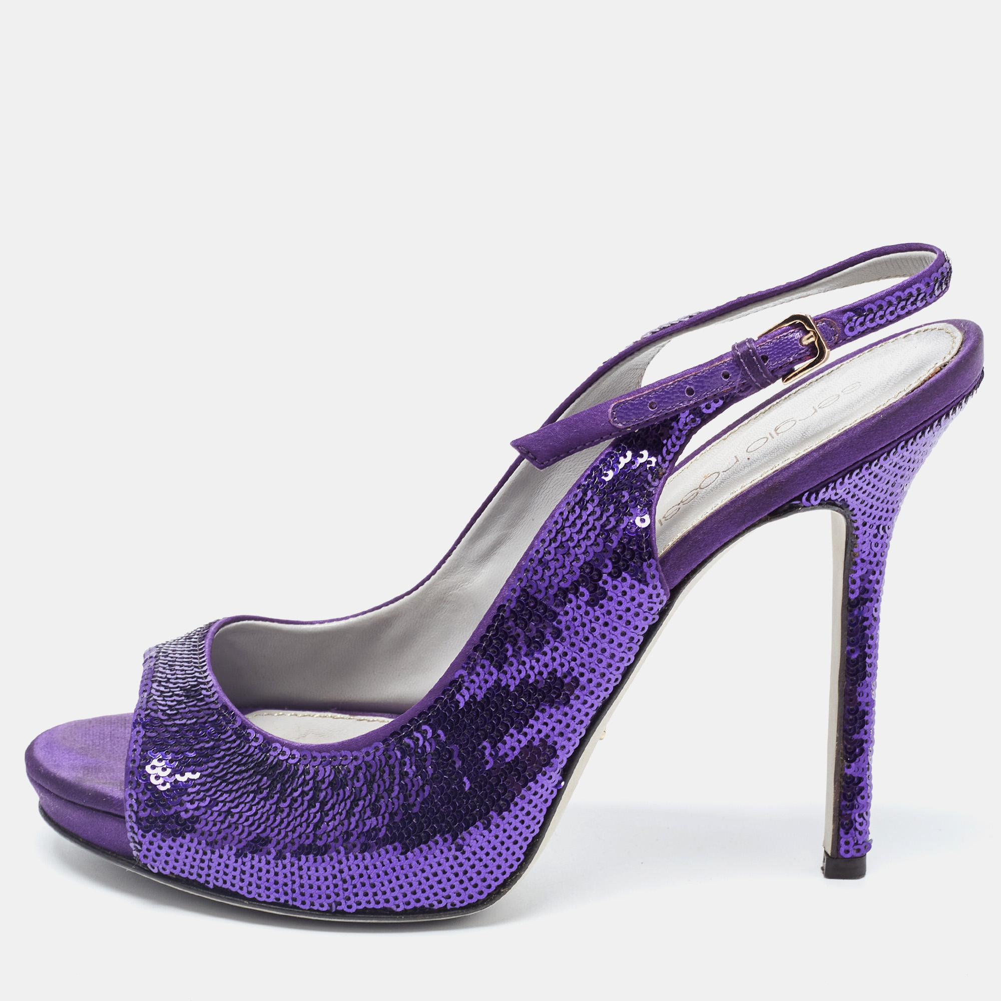 Sergio Rossi Purple Sequin and Satin Slingback Sandals Size 36, Sandals - Luxury Closet