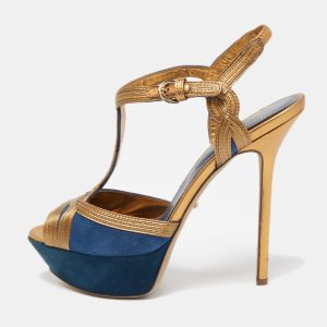 Sergio Rossi Navy Blue/Copper Suede and Leather T-Bar Platform Ankle Strap Sandals Size 39, Sandals - Luxury Closet