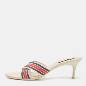Sergio Rossi White Fabric and Leather Logo Cross Strap Slide Sandals Size 40, Sandals - Luxury Closet