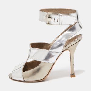 Sergio Rossi Silver Leather Open Toe Ankle Strap Sandals Size 37.5, Sandals - Luxury Closet