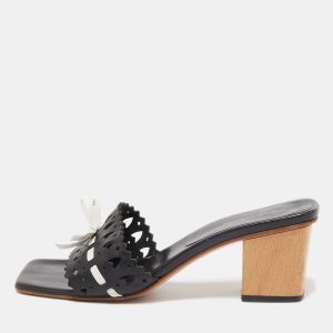 Sergio Rossi Black/White Laser Cut Leather Bow Detail Slide Sandals Size 37.5, Sandals - Luxury Closet