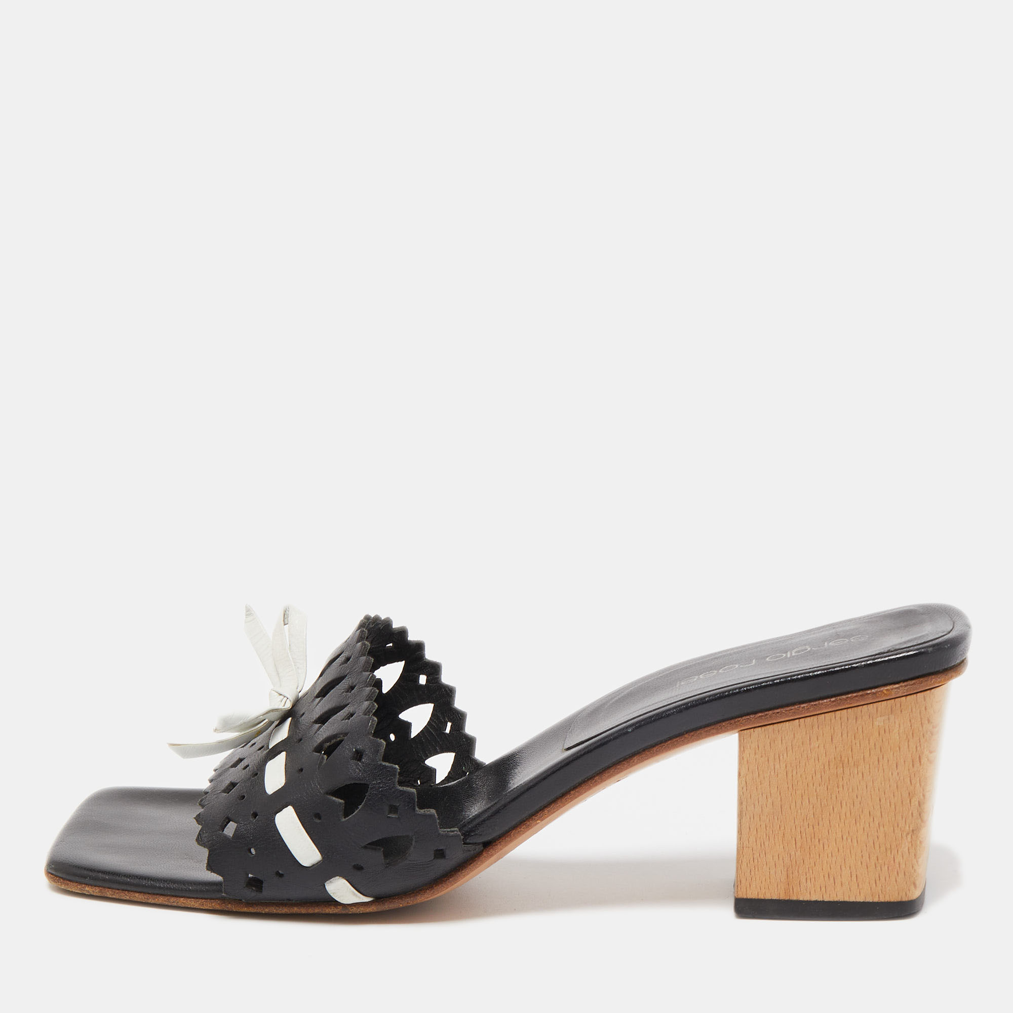 Sergio Rossi Black/White Laser Cut Leather Bow Detail Slide Sandals Size 37.5, Sandals - Luxury Closet