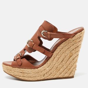 Sergio Rossi Brown Leather Espadrille Wedge Sandals Size 37, Sandals - Luxury Closet