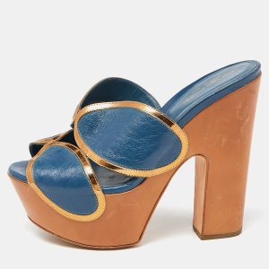 Sergio Rossi Blue Leather Wooden Platform Slide Sandals Size 38, Sandals - Luxury Closet