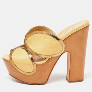 Sergio Rossi Yellow Leather Wooden Platform Slide Sandals Size 38, Sandals - Luxury Closet