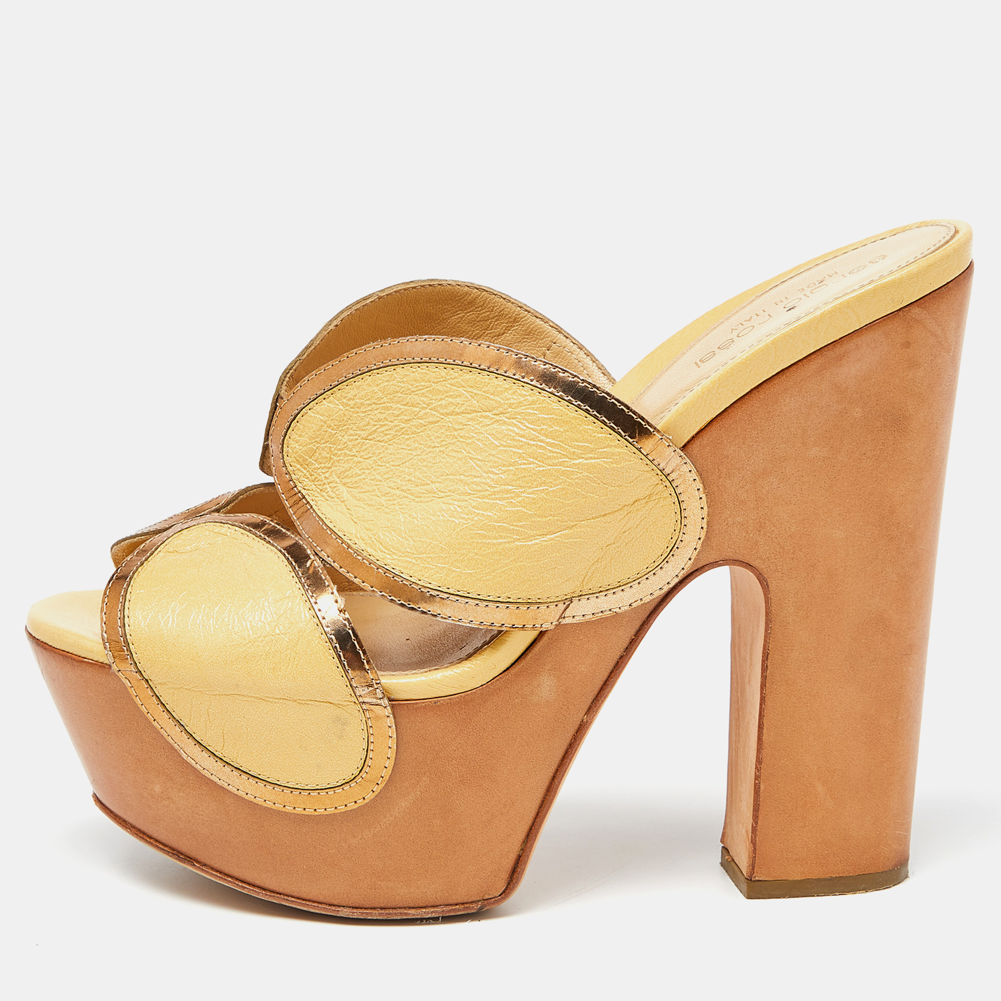 Sergio Rossi Yellow Leather Wooden Platform Slide Sandals Size 38, Sandals - Luxury Closet