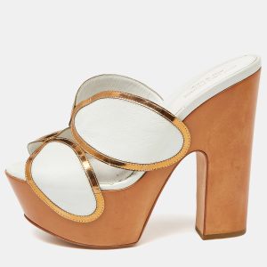 Sergio Rossi White Leather Wooden Platform Slide Sandals Size 38, Sandals - Luxury Closet