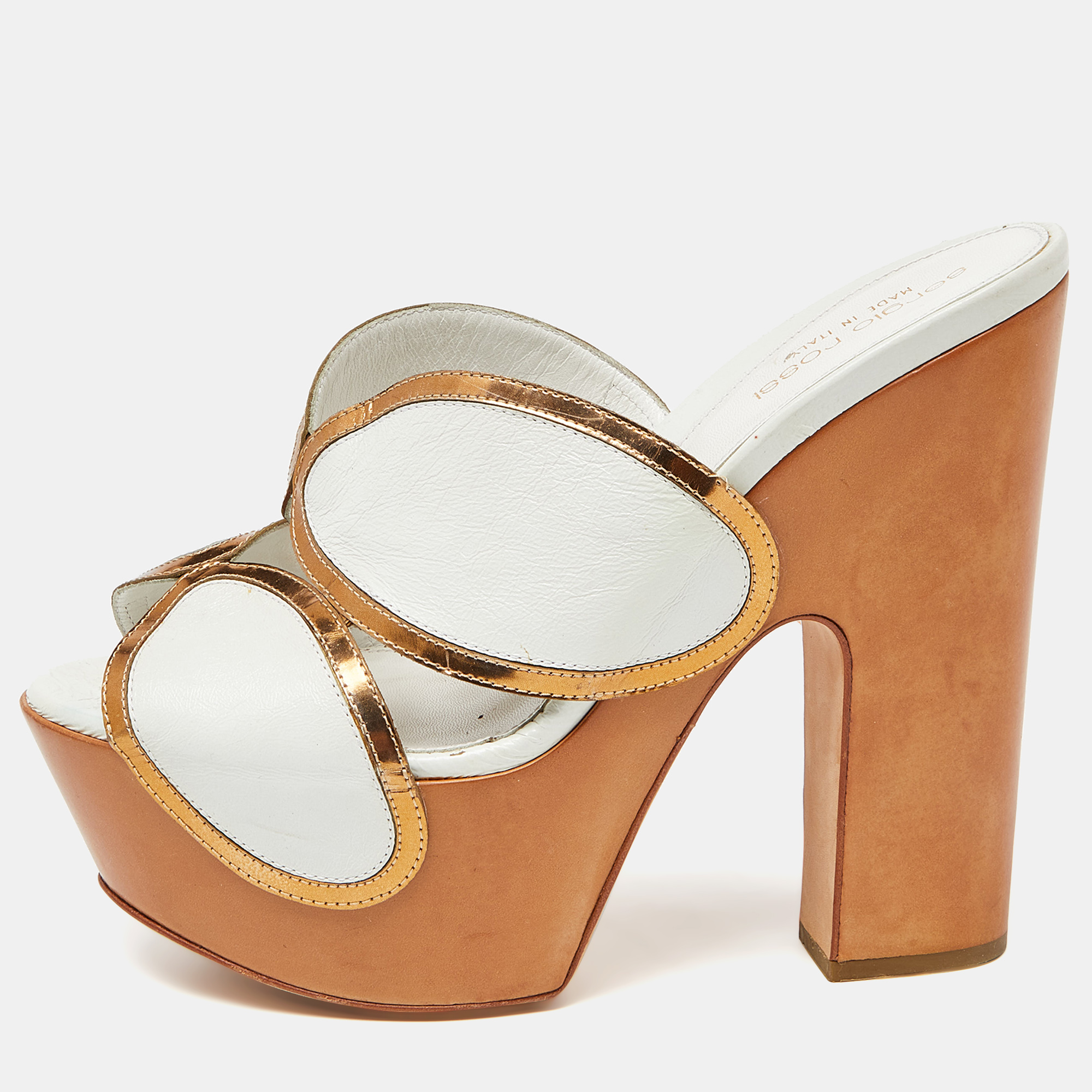 Sergio Rossi White Leather Wooden Platform Slide Sandals Size 38, Sandals - Luxury Closet
