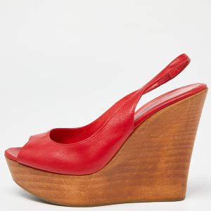 Sergio Rossi Red Leather Platform Wedge Slingback Sandals Size 37.5, Sandals - Luxury Closet