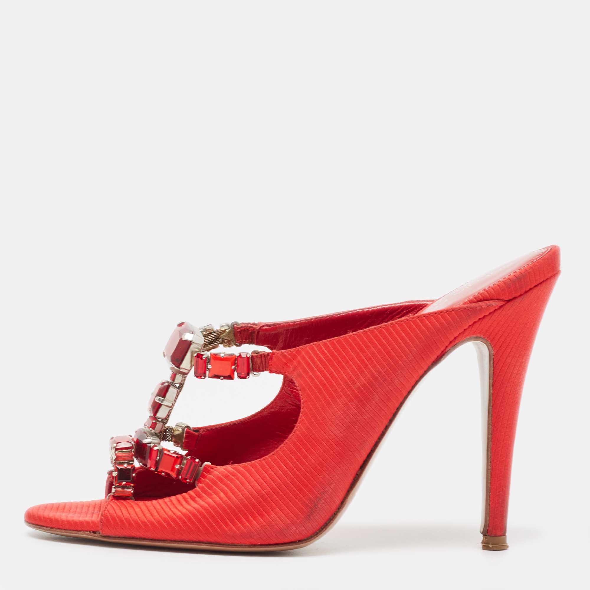 Sergio Rossi Red Fabric Crystal Embellished Slide Sandals Size 38, Sandals - Luxury Closet