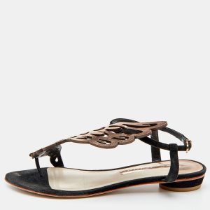 Sophia Webster Metallic Rose Gold/Black Leather and Suede Seraphina Angel Wing Flat Sandals Size 39.5, Sandals - Luxury Closet