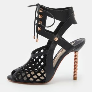 Sophia Webster Black Suede and Leather Jetta Ankle Tie Up Peep Toe Sandals Size 36.5, Sandals - Luxury Closet