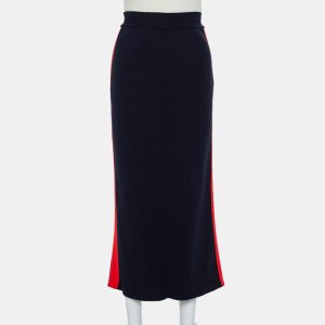Stella McCartney Navy Blue Cotton Knit Contrast Stripe Panel Detail Midi Skirt M, Skirts - Luxury Closet