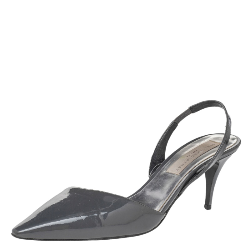 Stella McCartney Dark Grey Faux Patent Leather Slingback Sandals Size 37, Sandals - Luxury Closet