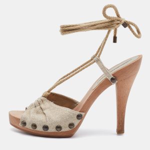 Stella McCartney Beige Fabric Wooden Platform Ankle Wrap Sandals Size 37, Sandals - Luxury Closet