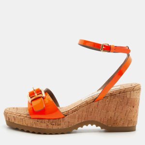 Stella McCartney Neon Orange Faux Patent Leather Cork Platform Wedge Ankle Strap Sandals Size 39, Sandals - Luxury Closet