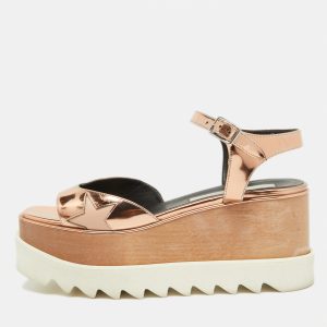 Stella McCartney Metallic Rose Gold Faux Patent Leather Elyse Star Platform Ankle Strap Sandals Size 37.5, Sandals - Luxury Closet