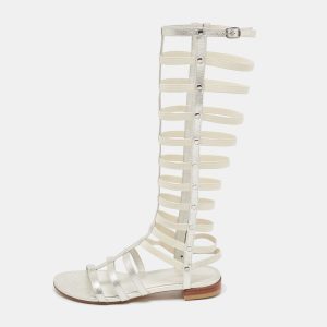 Stuart Weitzman Silver Leather And Elastic Gladiator Flat Sandals Size 36, Sandals - Luxury Closet