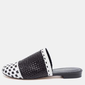 Stuart Weitzman Black/White Woven Leather Indiana Flat Mules Size 36, Sandals - Luxury Closet