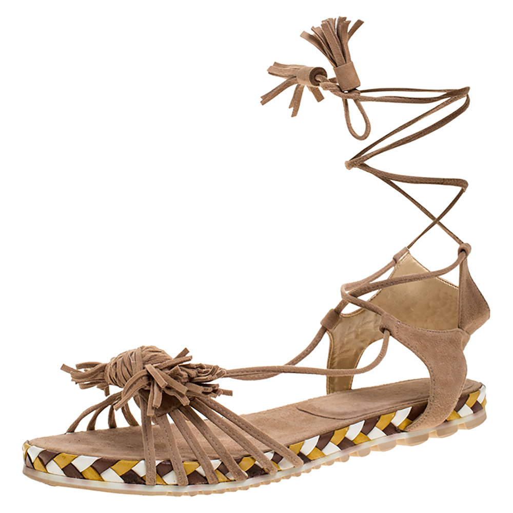 Stuart Weitzman Beige Suede Fringe Knot Ankle Tie Up Sandals Size 38, Sandals - Luxury Closet