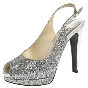 Stuart Weitzman Silver Coarse Glitter Peep Toe Slingback Sandals Size 38.5, Sandals - Luxury Closet