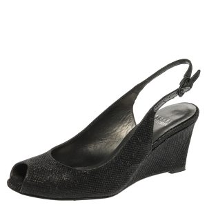 Stuart Weitzman Black Glitter Fabric Slingback Wedge Sandals Size 36, Sandals - Luxury Closet