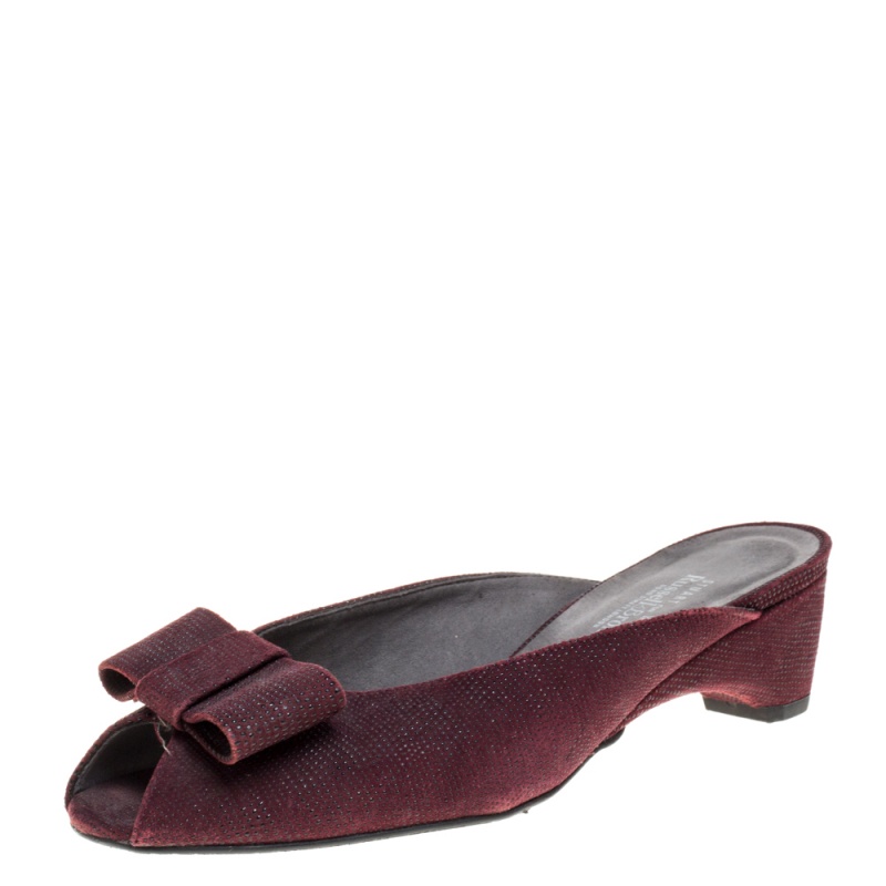 Stuart Weitzman Burgundy Textured Suede Bow Peep Toe Slide Sandals Size 38, Sandals - Luxury Closet