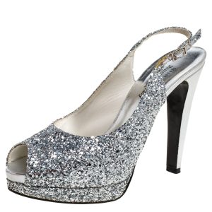 Stuart Weitzman Silver Coarse Glitter Peep Toe Slingback Sandals Size 39, Sandals - Luxury Closet
