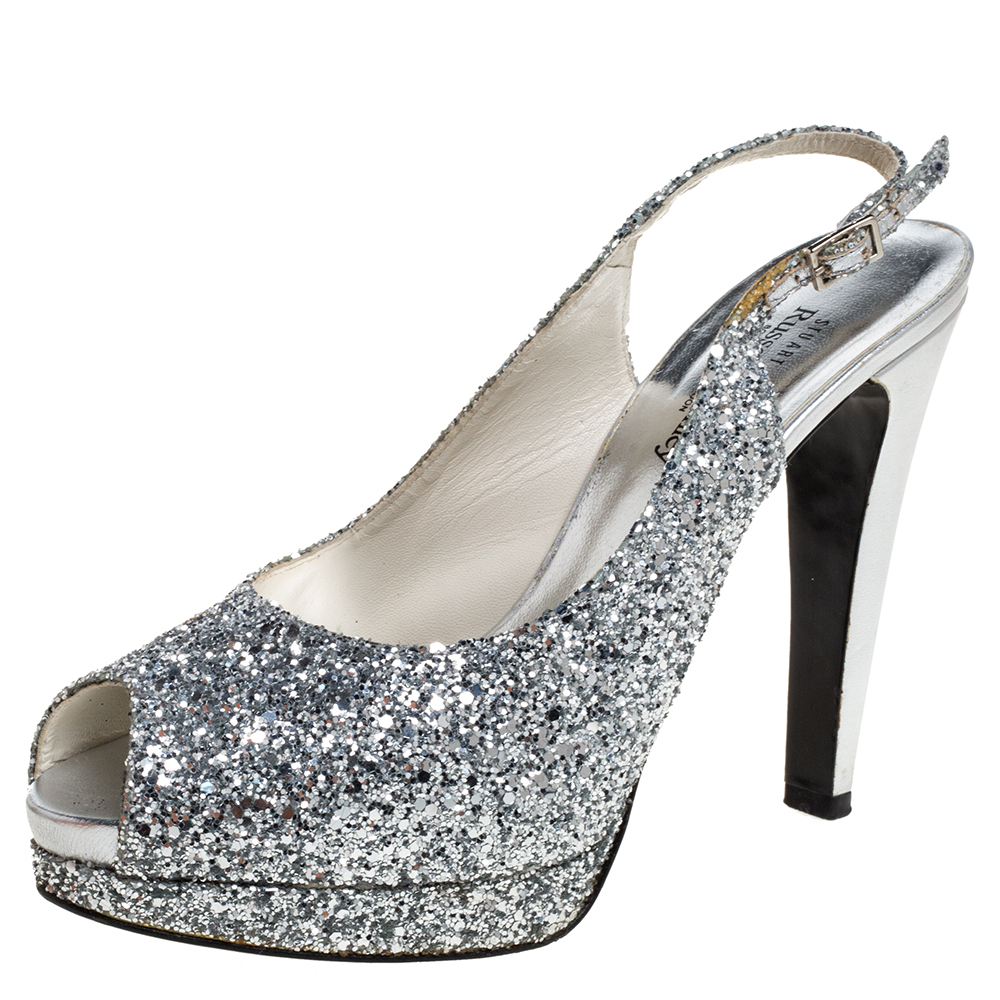 Stuart Weitzman Silver Coarse Glitter Peep Toe Slingback Sandals Size 39, Sandals - Luxury Closet
