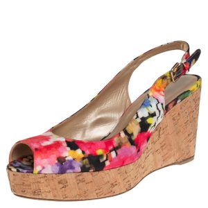 Stuart Weitzman Multicolor Brocade Fabric Cork Wedge Sandals Size 43.5, Sandals - Luxury Closet