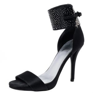 Stuart Weitzman Black Satin Crystal Embellished Ankle Cuff Sandals Size 36, Sandals - Luxury Closet