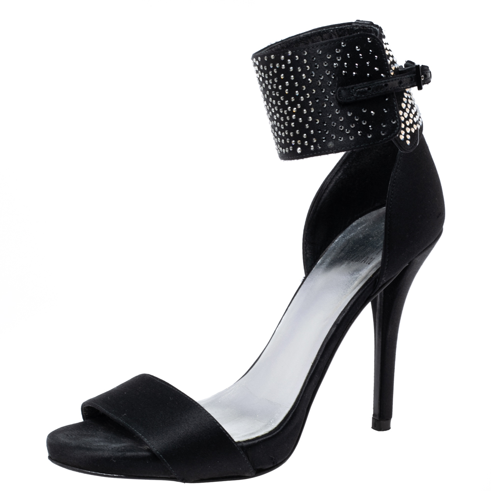 Stuart Weitzman Black Satin Crystal Embellished Ankle Cuff Sandals Size 36, Sandals - Luxury Closet