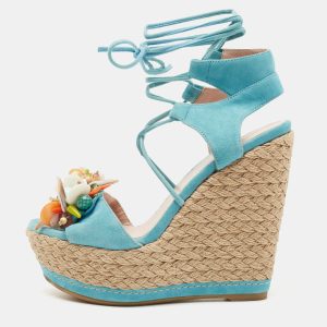 Stuart Weitzman Blue Suede Lace Up Wedge Sandals Size 36, Sandals - Luxury Closet