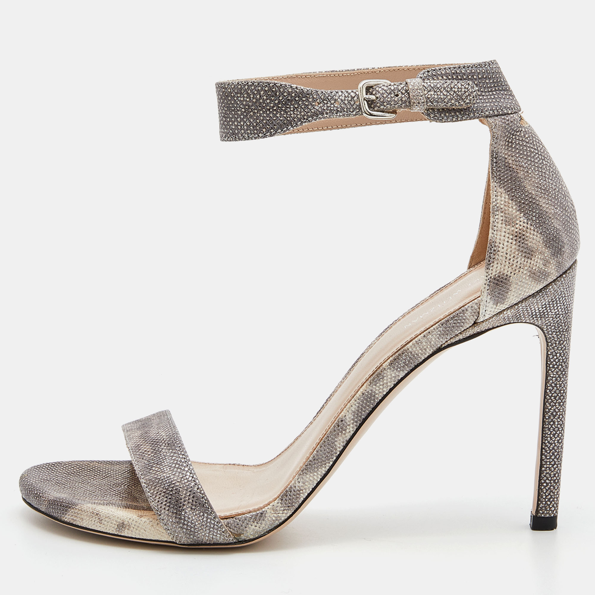 Stuart Weitzman Grey/Beige Karung Leather Ankle Strap Open Toe Sandals Size 39.5, Sandals - Luxury Closet