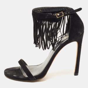 Stuart Weitzman Black Suede Love Fringe Ankle Strap Sandals Size 37.5, Sandals - Luxury Closet