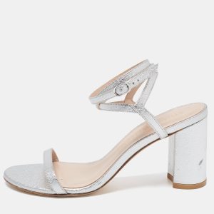Stuart Weitzman Silver Leather Ankle Wrap Sandals Size 38.5, Sandals - Luxury Closet