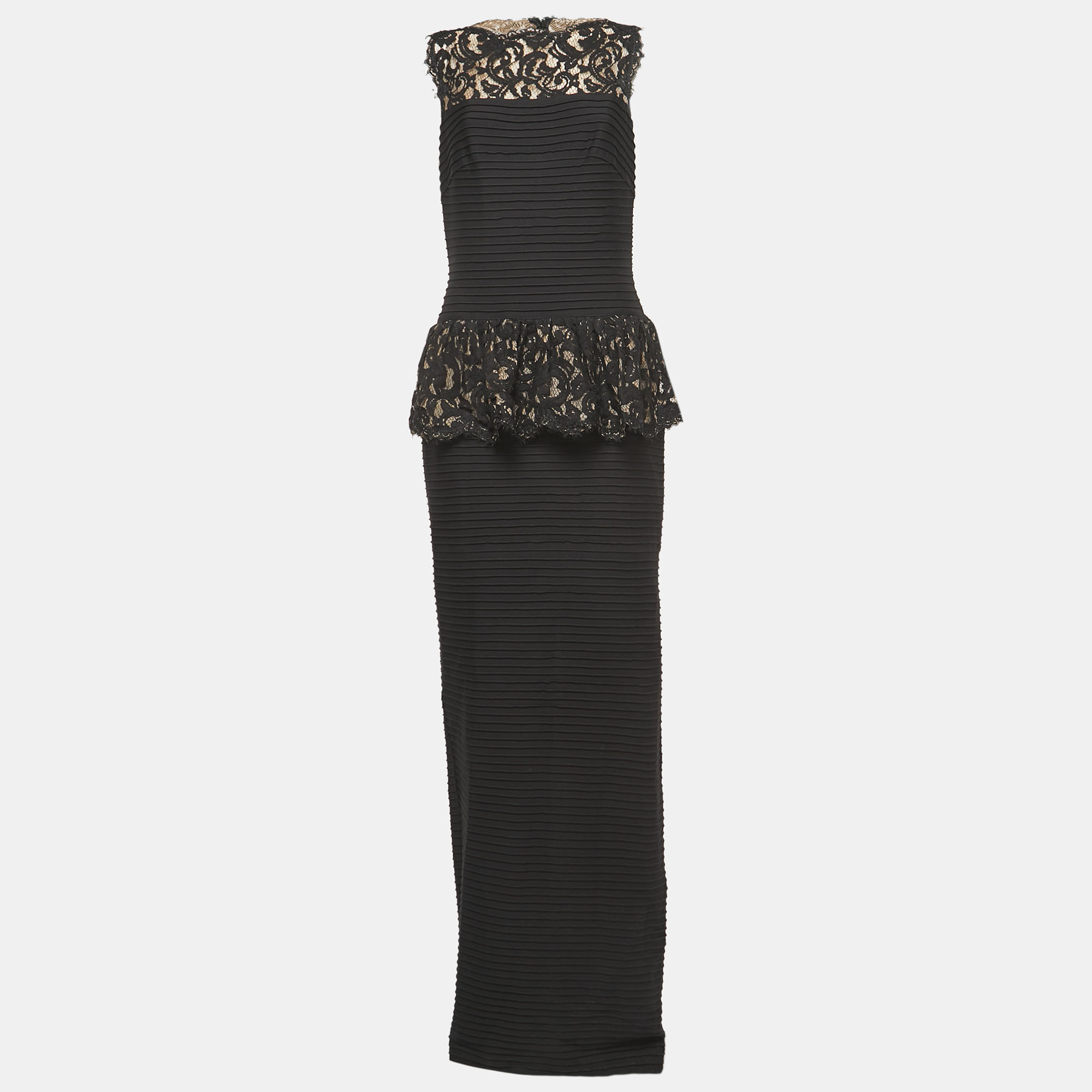 Tadashi Shoji Black Pintuck Lace Peplum Cocktail Gown M, Dresses - Luxury Closet catalog