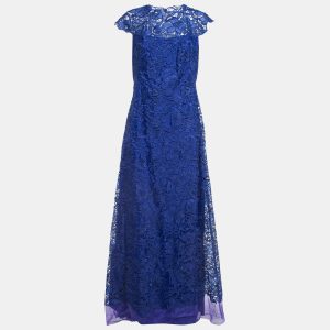 Tadashi Shoji Blue Floral Motif Lace Organza Cap Sleeve Gown L, Dresses - Luxury Closet catalog